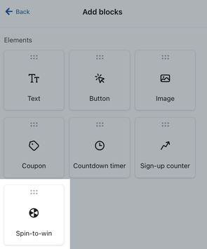 The Add blocks tab open in the Klaviyo form editor showing the Spin-to-win block highlighted.