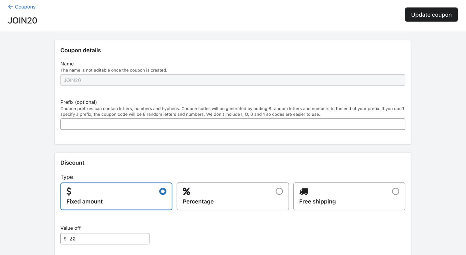 The Coupon Details menu for an example coupon where you can configure the name, prefix, discount type, application, and expiration specifics