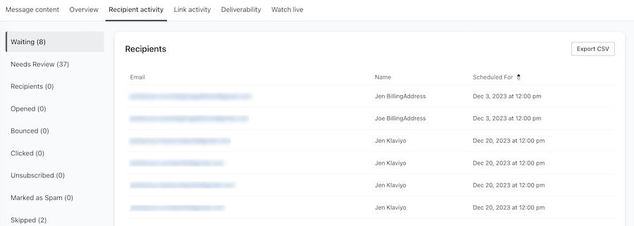 View of the needs review list of recipients that require review before receving a message