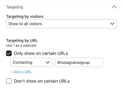 The Targeting for a form set to Show to all visitors and the Target by URL set to show to Only show on URLs containing the example anchor link.