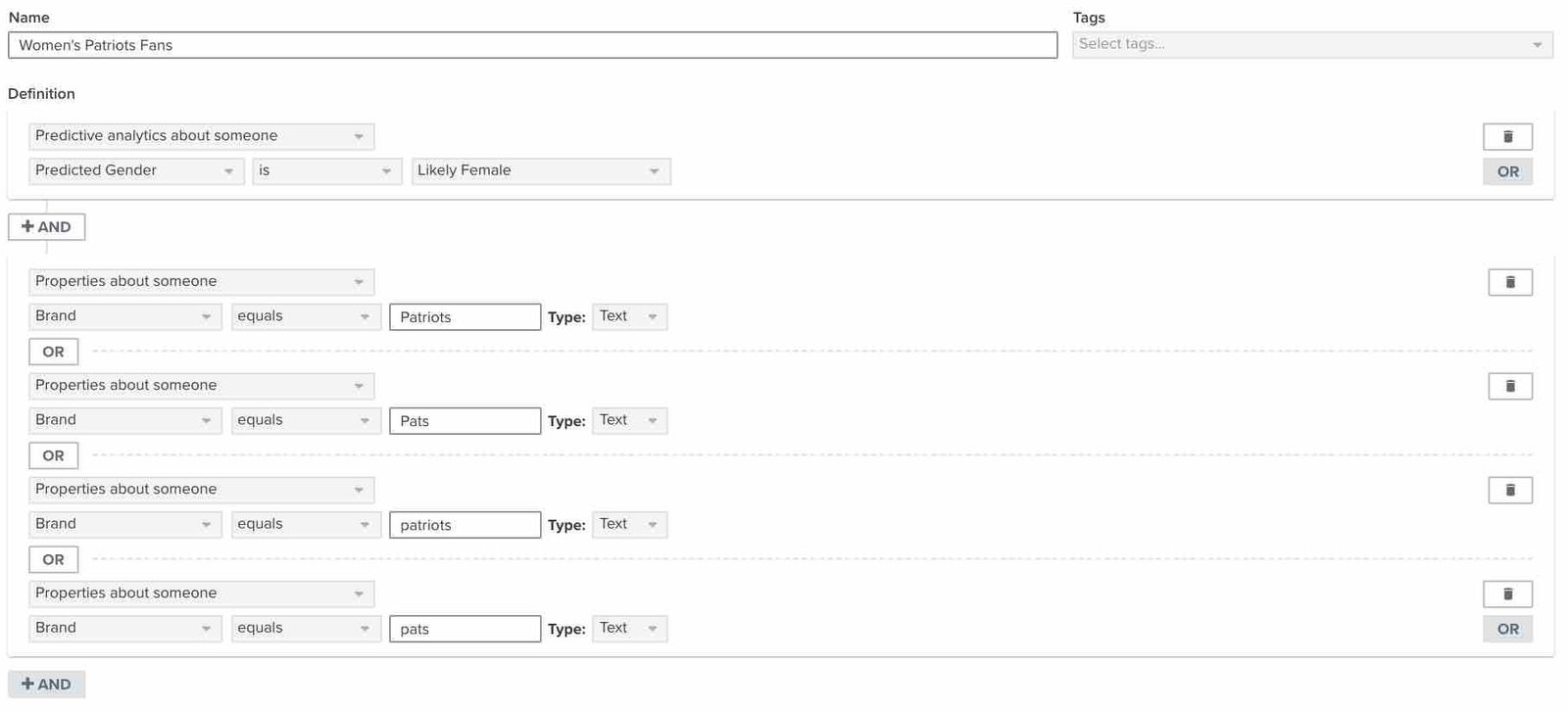 A segment definition showing how to add various spellings of related or identical answers, like Pats, Patriots, patriots, and pats