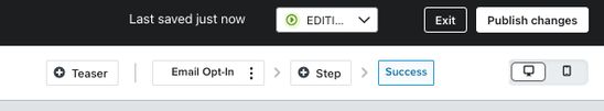 The Success step selected in the menu bar of the form editor for an example form