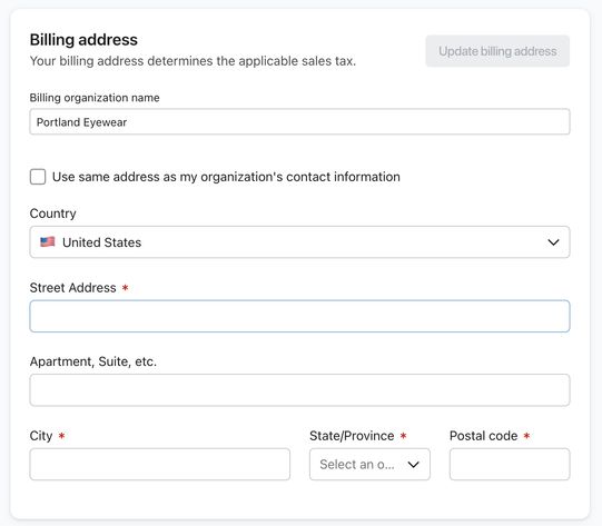 The Billing address card on the Billing Preferences page showing an example account's address details.