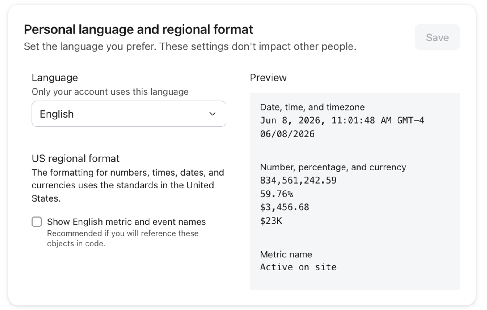 Screenshot of a language and regional format settings page, displaying English as the selected language and a preview of US date, number, and currency formats.