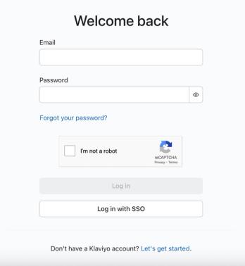 The Klaviyo login page where you enter your account's email and password.