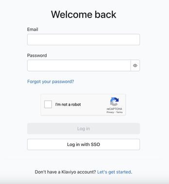 The Klaviyo login page where you enter your account's email and password.