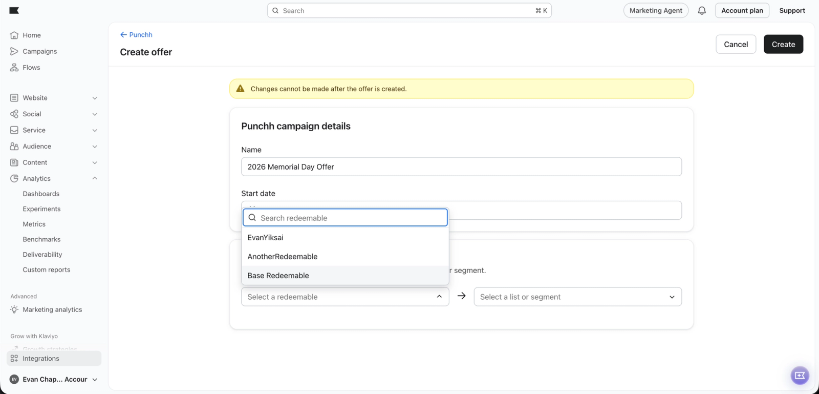 A web application's "Create offer" page, showing "Punchh campaign details" with an open dropdown menu for "Search redeemable" and a warning message.