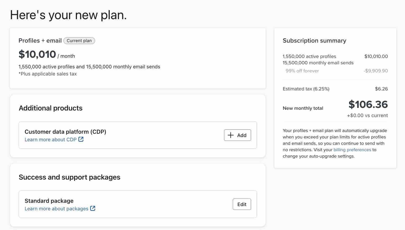 Checkout page showing the success and support packages section
