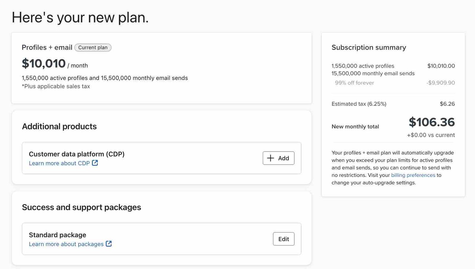 Checkout page showing the success and support packages section