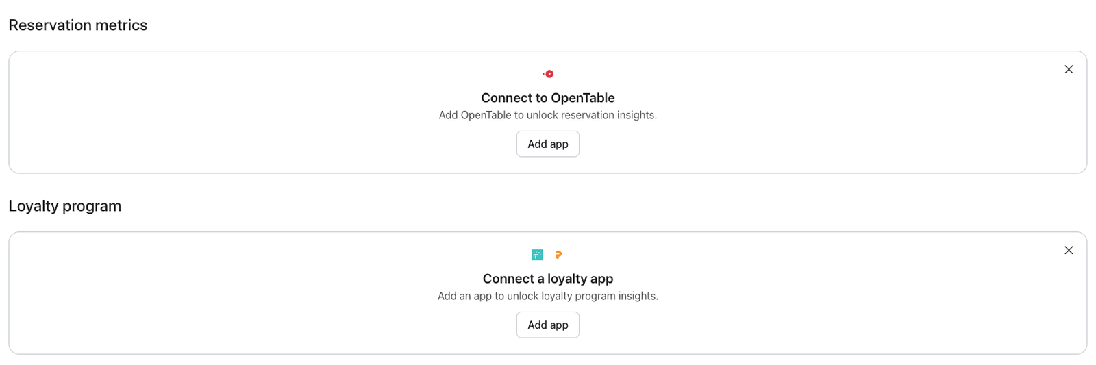 Interface do usuário para conectar aplicativos: OpenTable para métricas de reserva e um aplicativo de fidelidade para insights do programa de fidelidade.