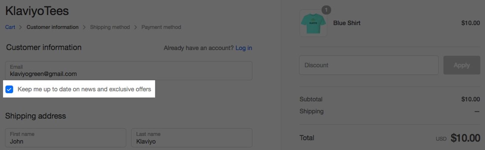 KlaviyoTees store with Keep me updated on news and exclusive offers checked and highlighted in white