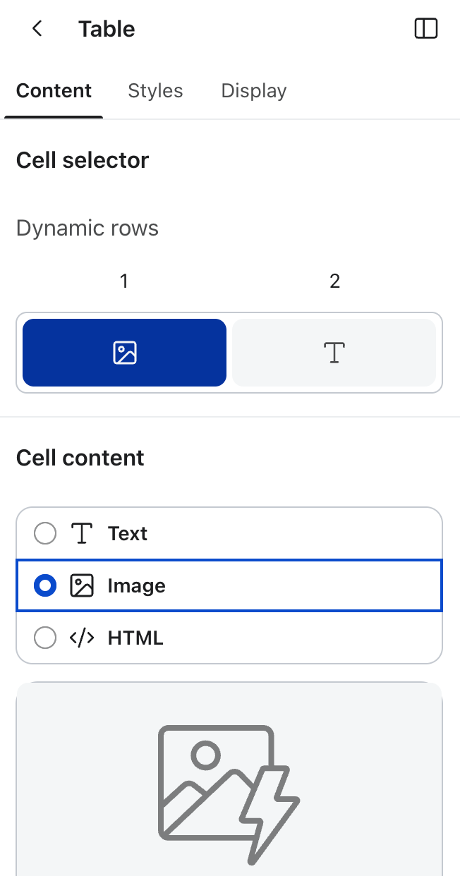 Table content editor with 'Image' selected for cell content.
