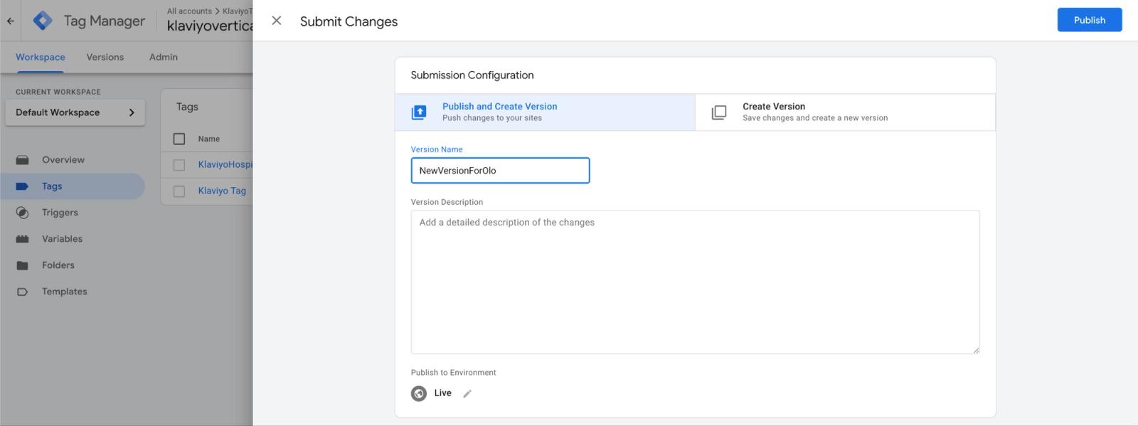 Google Tag Manager's "Submit Changes" dialog with "Publish and Create Version" selected and "NewVersionForGo" in the version name field.
