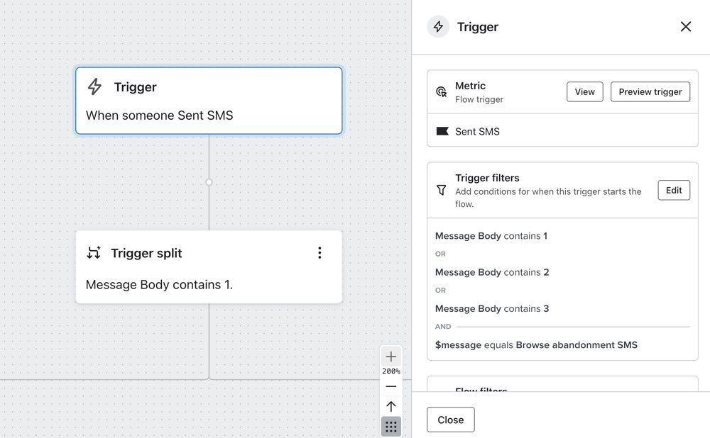 The trigger filters of a flow that checks if the message contains 1, 2, or 3
