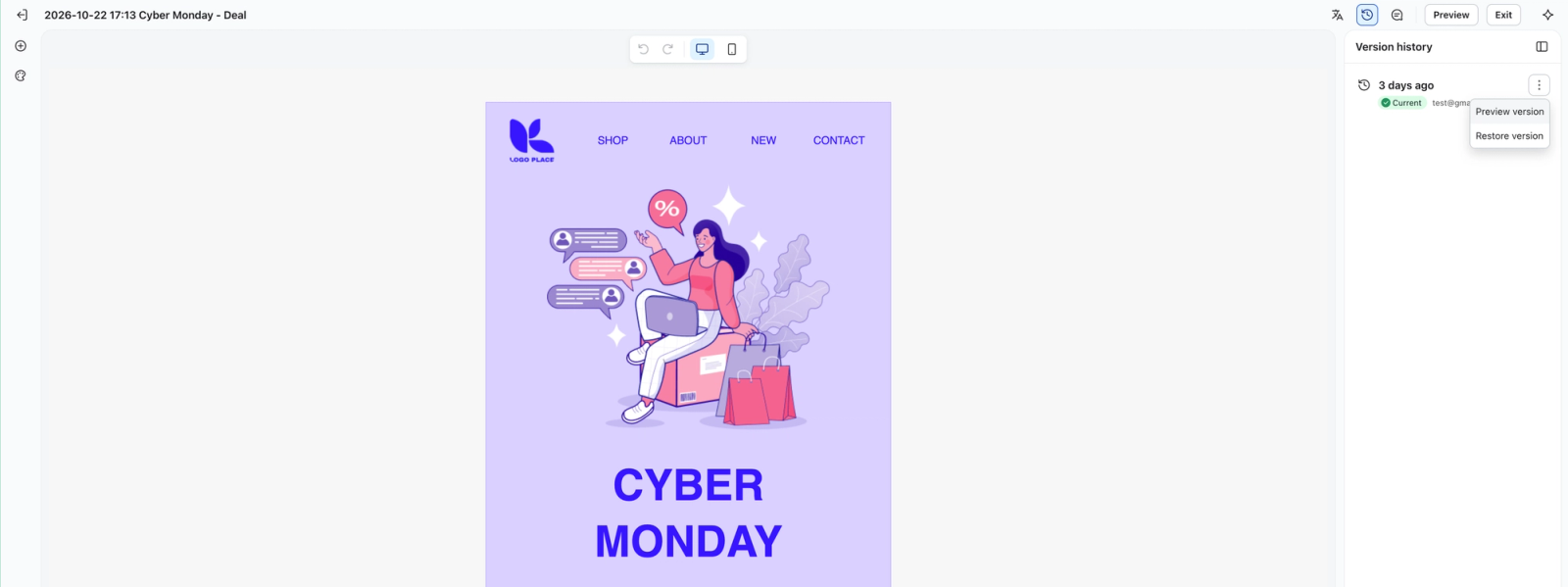 Cyber Monday ad design with an online shopper illustration, displayed in a design version history interface.