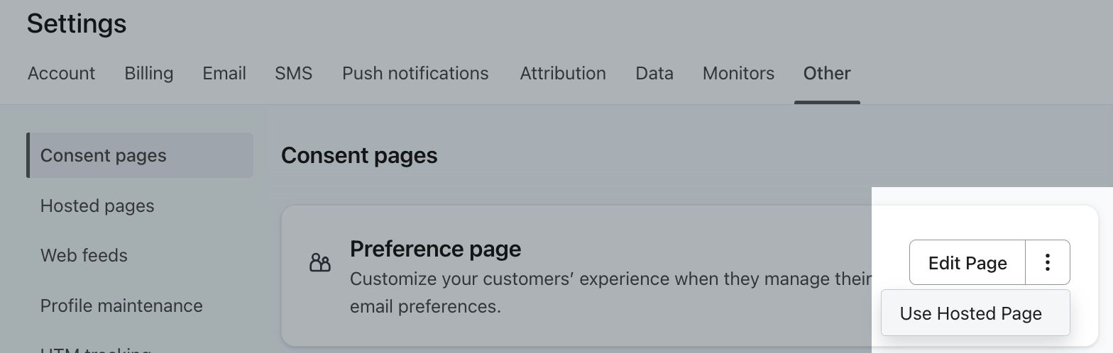 The Consent Pages tab in Klaviyo showing an the additional options menu open on an example preference page.