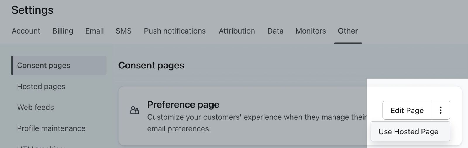 The Consent Pages tab in Klaviyo showing an the additional options menu open on an example preference page.