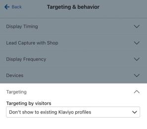 The Targeting by visitor for an example sign-up form set to Don't show to existing Klaviyo profiles.