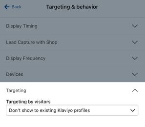 The Targeting by visitor for an example sign-up form set to Don't show to existing Klaviyo profiles.