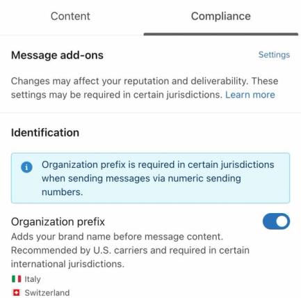 Compliance tab, showing the organizational prefix option