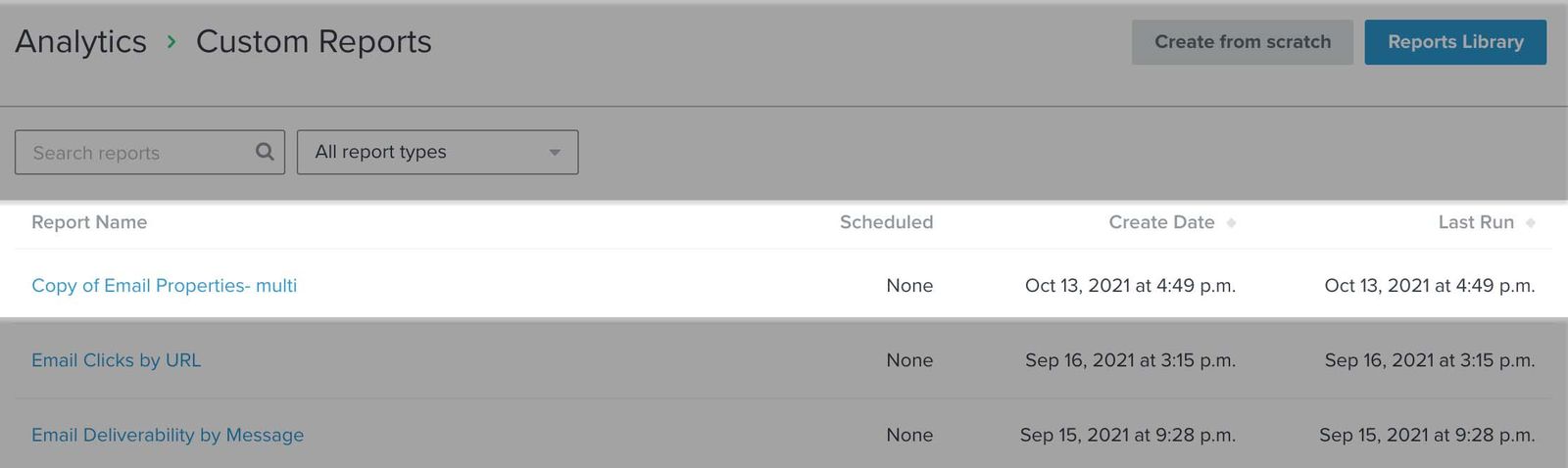Example of a cloned report that appears at top of your custom reports list with 'Copy' and name of report