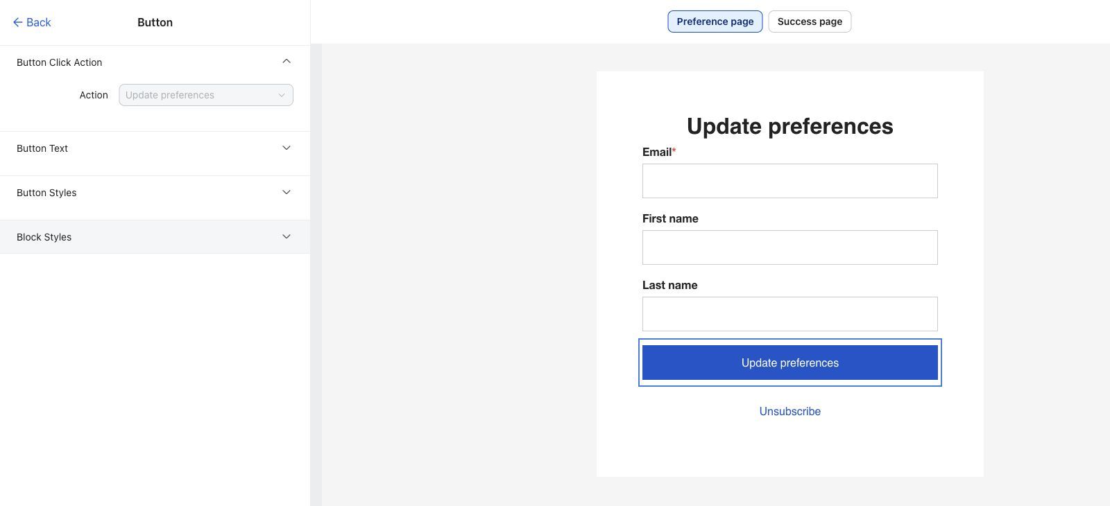 The preferences page button settings for its action, text, and styles.