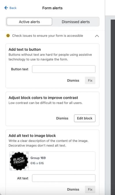The Form Alerts tab open and displaying 3 identified accessibility issues found in a sign-up form.