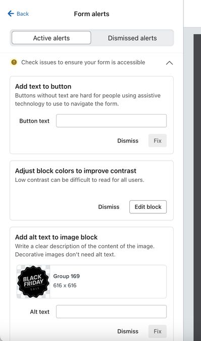 The Form Alerts tab open and displaying 3 identified accessibility issues found in a sign-up form.