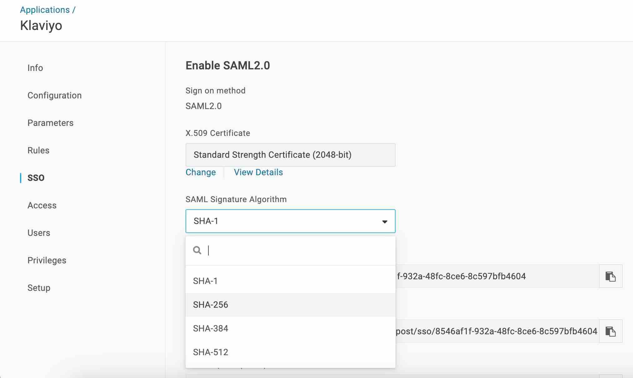 SAML Signature Algorithm dropdown when SHA-256 is highlighted