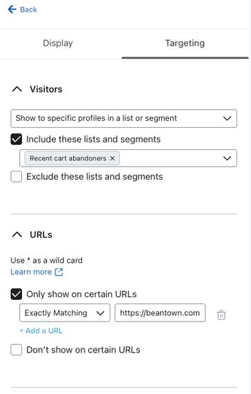 The Targeting menu within the Targeting and behaviors tab of the form builder showing an example form set to only show to visitors in the abandoned cart segment, and only display on the homepage URL.