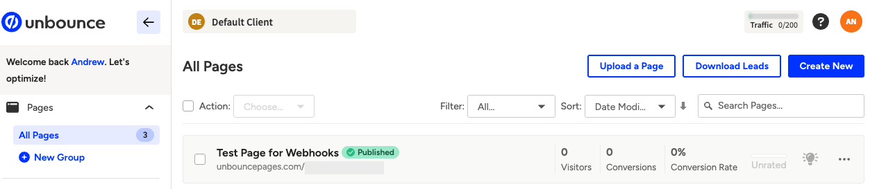 Screenshot van het "Alle pagina's"-dashboard van het Unbounce-platform, met een gepubliceerde "Testpagina voor webhook" en opties om leads te uploaden, te downloaden of nieuwe pagina's te maken.