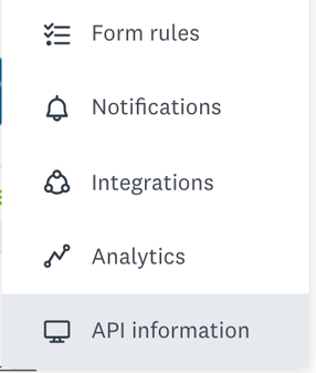 Wufoo dropdown showing Form rules, Notifications, Integrations, Analytics, and API Information highlighted in gray