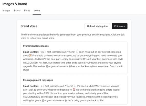 The Voice tab in Klaviyo showing auto-generated brand voice sample content.