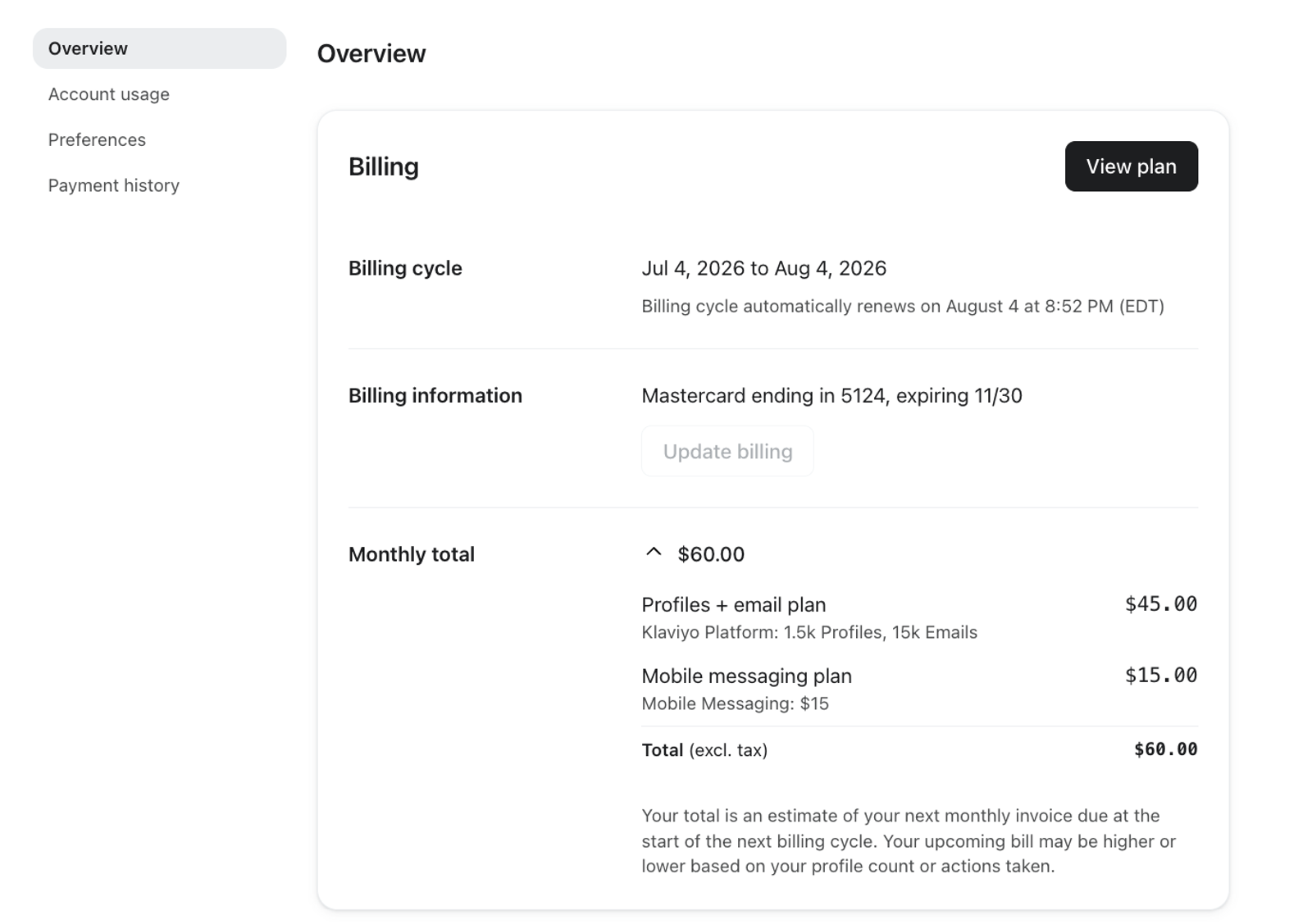Billing overview page showing a $60 monthly total, billing cycle, and payment details.