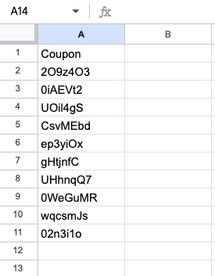 An example spreadsheet showing ten unique coupon codes listed under a heading that says Coupon.