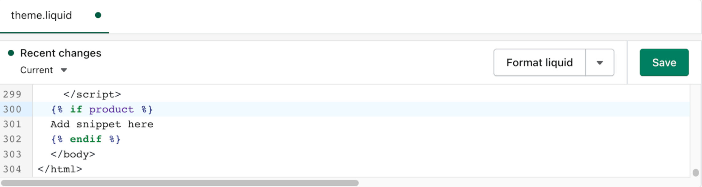 Fichier theme.liquid dans Shopify avec les tags « if product » et « endif » qui entourent le texte « Add snippet here » (Ajouter l’extrait de code ici), suivis par </body>