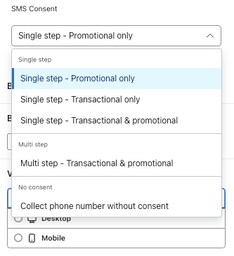 SMS consent dropdown