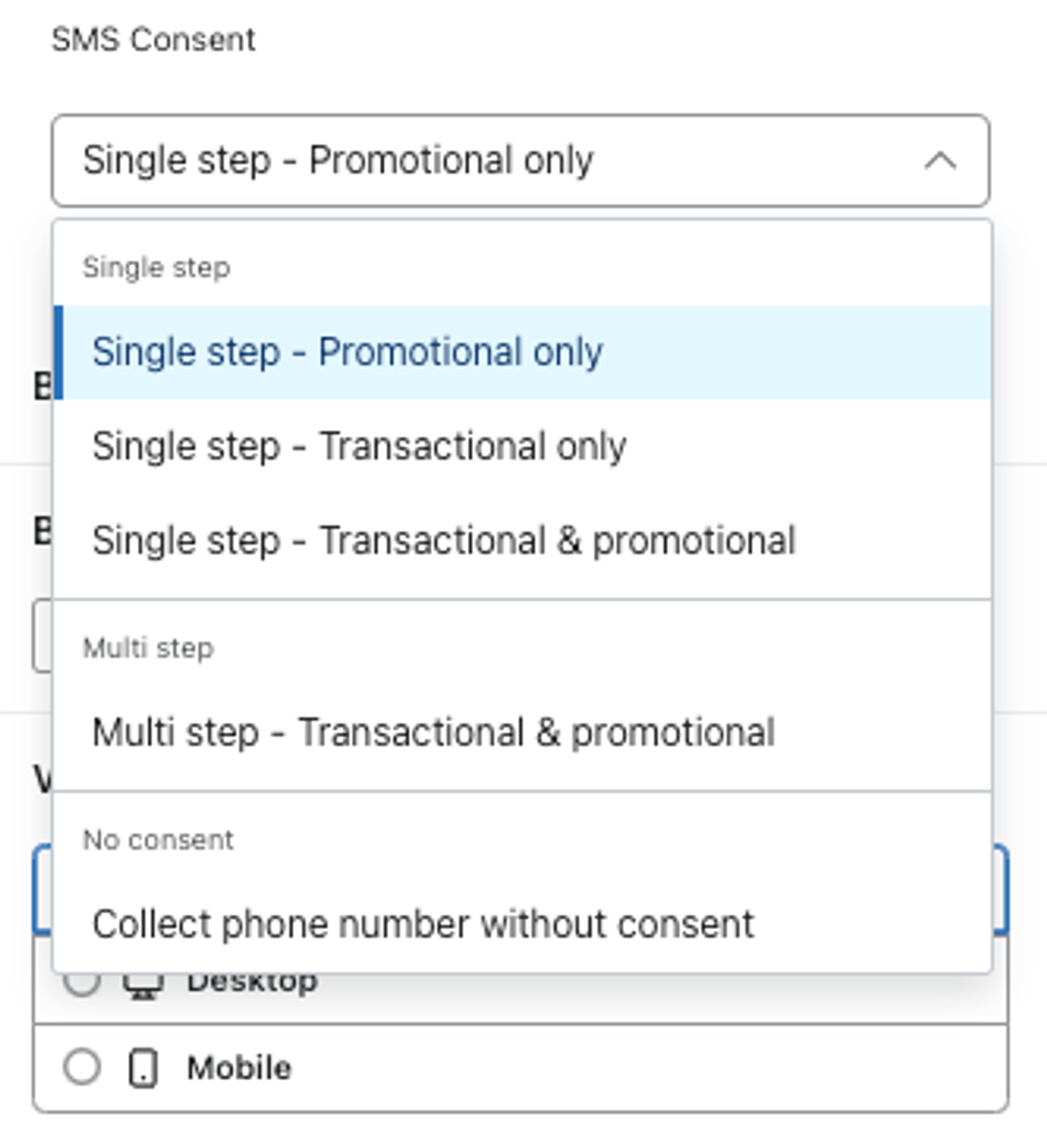SMS consent dropdown