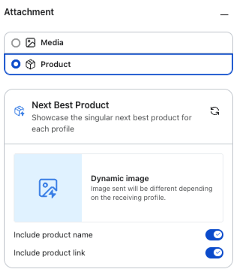 UI for selecting and configuring a "Next Best Product" attachment, showing dynamic image and toggles for product name and link.
