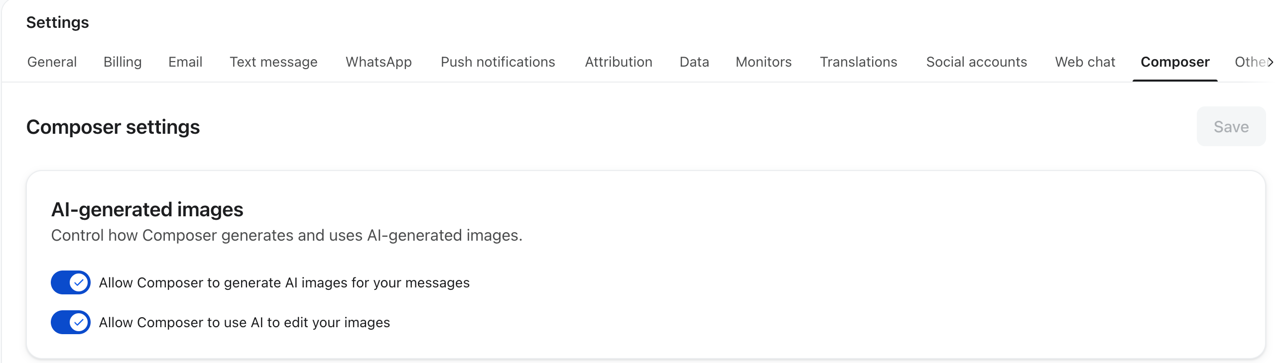 Composer settings showing AI image and generation and editi features enable