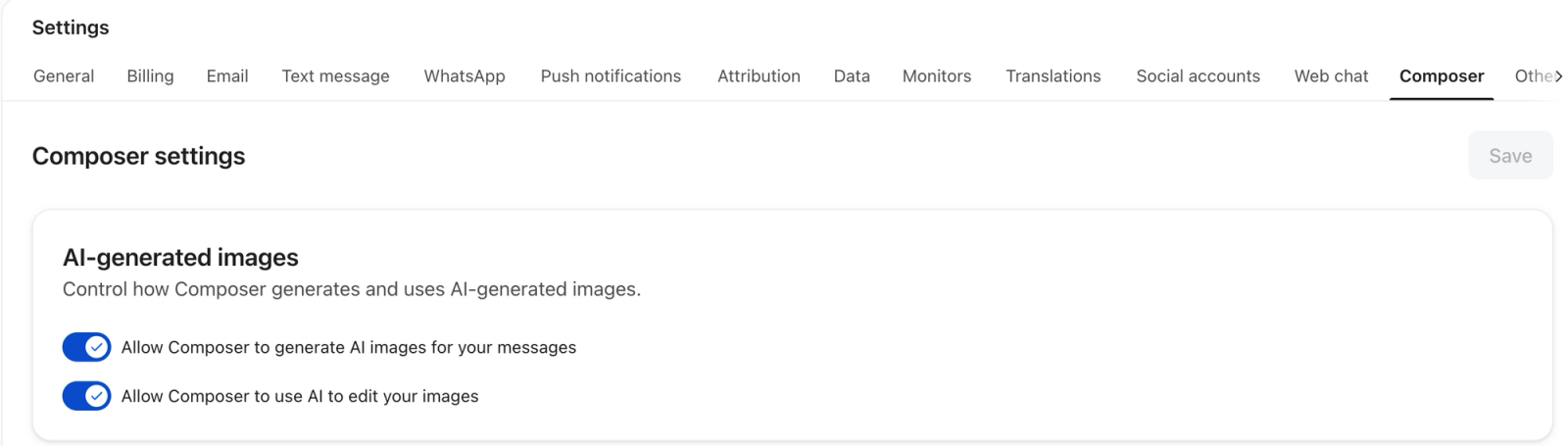Composer settings showing AI image and generation and editi features enable