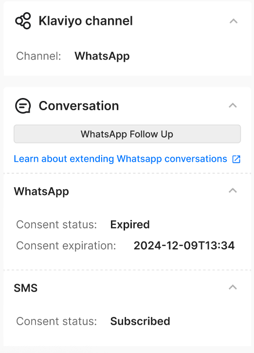 Message details, showing consent for WhatsApp