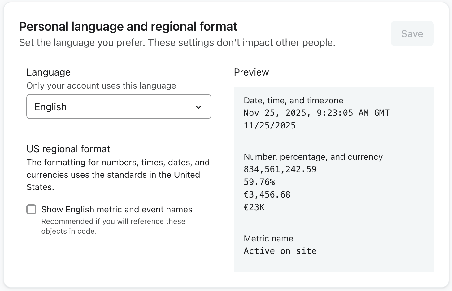 The Personal language and regional format section of the Personal settings page showing an example account's personal language set to English.