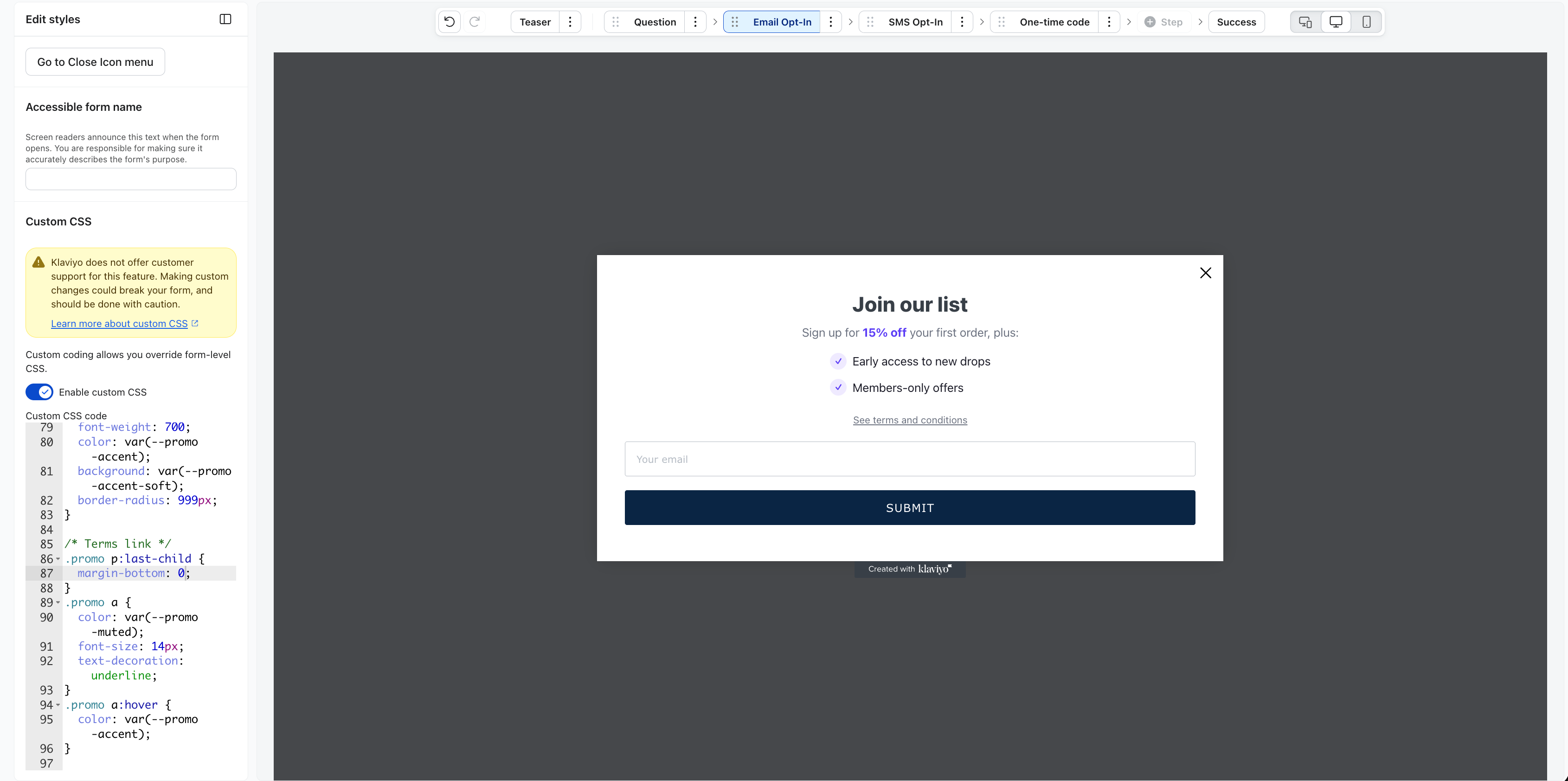 Web editor displaying an email signup pop-up and custom CSS code.