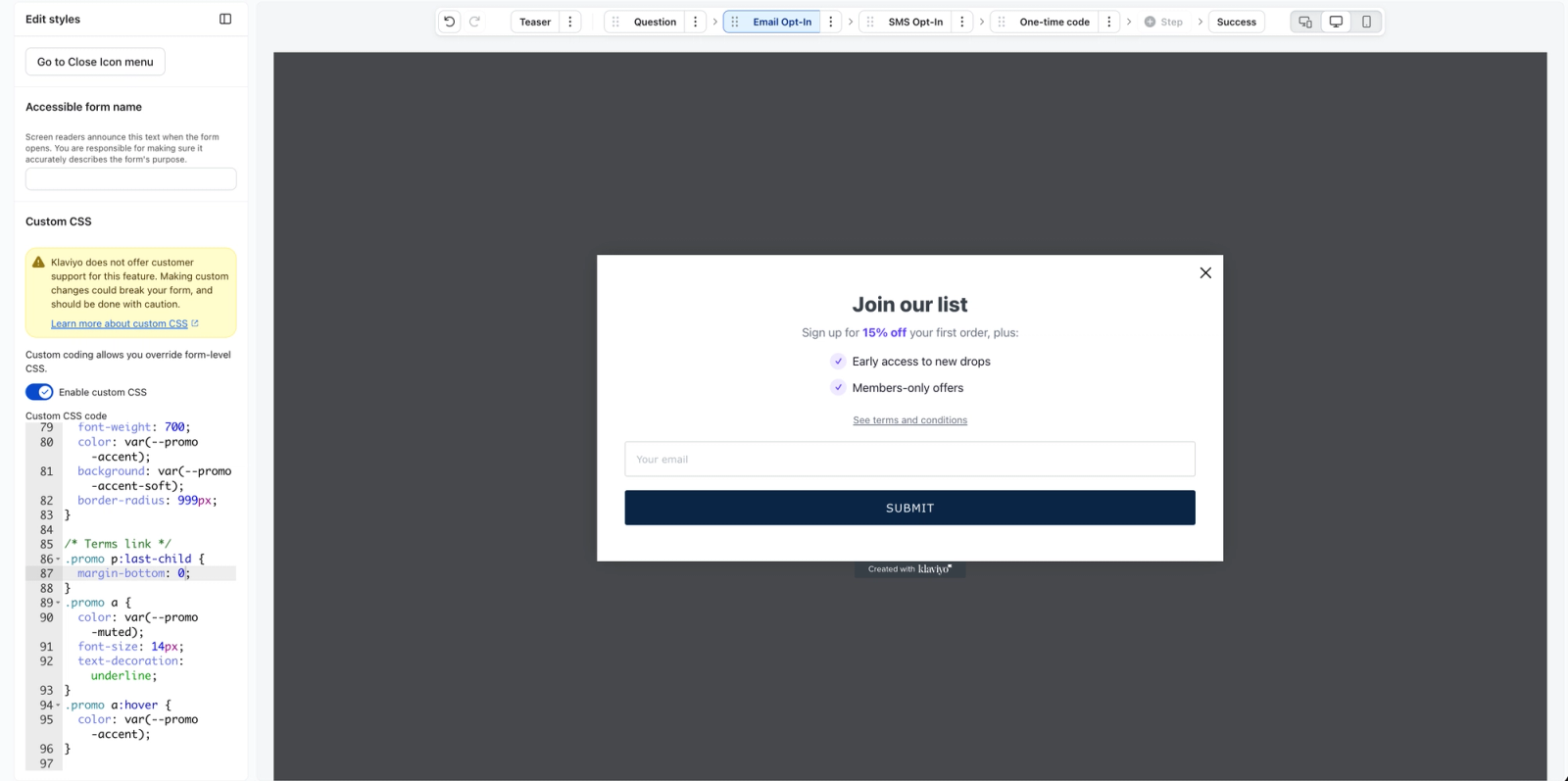 Web editor displaying an email signup pop-up and custom CSS code.