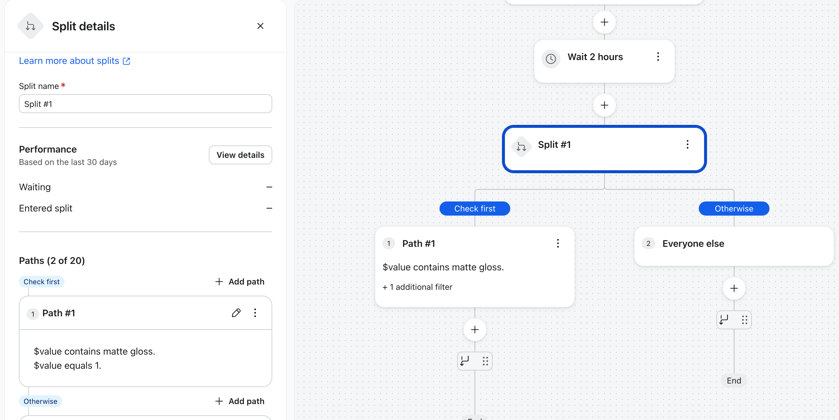 Workflow interface displaying a 'Split #1' decision node with two paths, and a details panel describing its conditions.