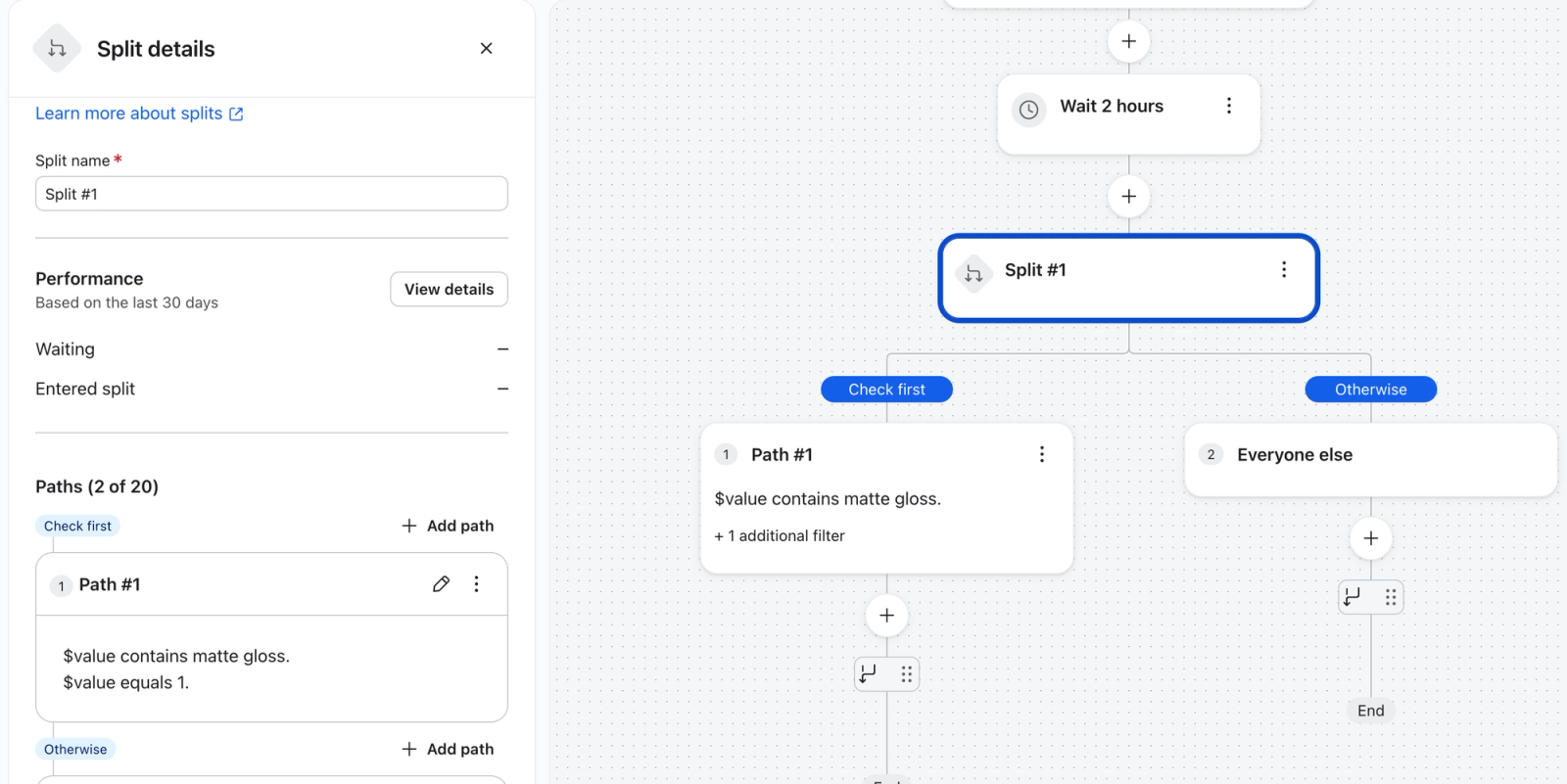 Interface de fluxo de trabalho exibindo um nó de decisão 'Divisão #1' com dois caminhos e um painel de detalhes descrevendo suas condições.