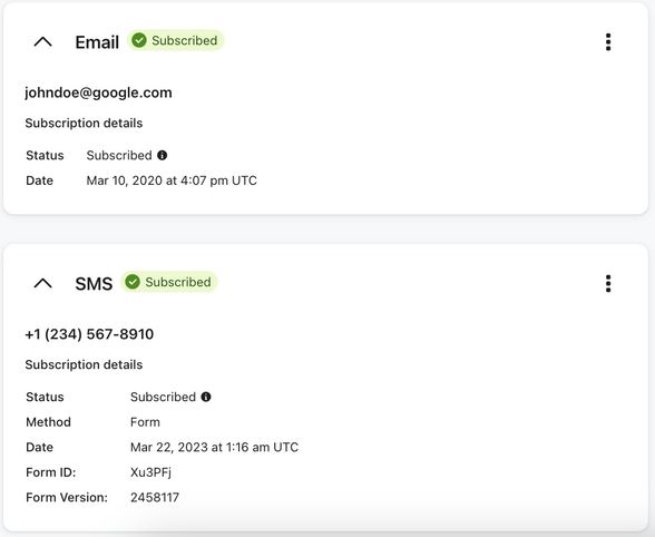 Email and SMS consent associated with a single profile