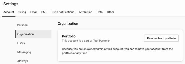 Organization tab showing the option to unlink the account from a portfolio