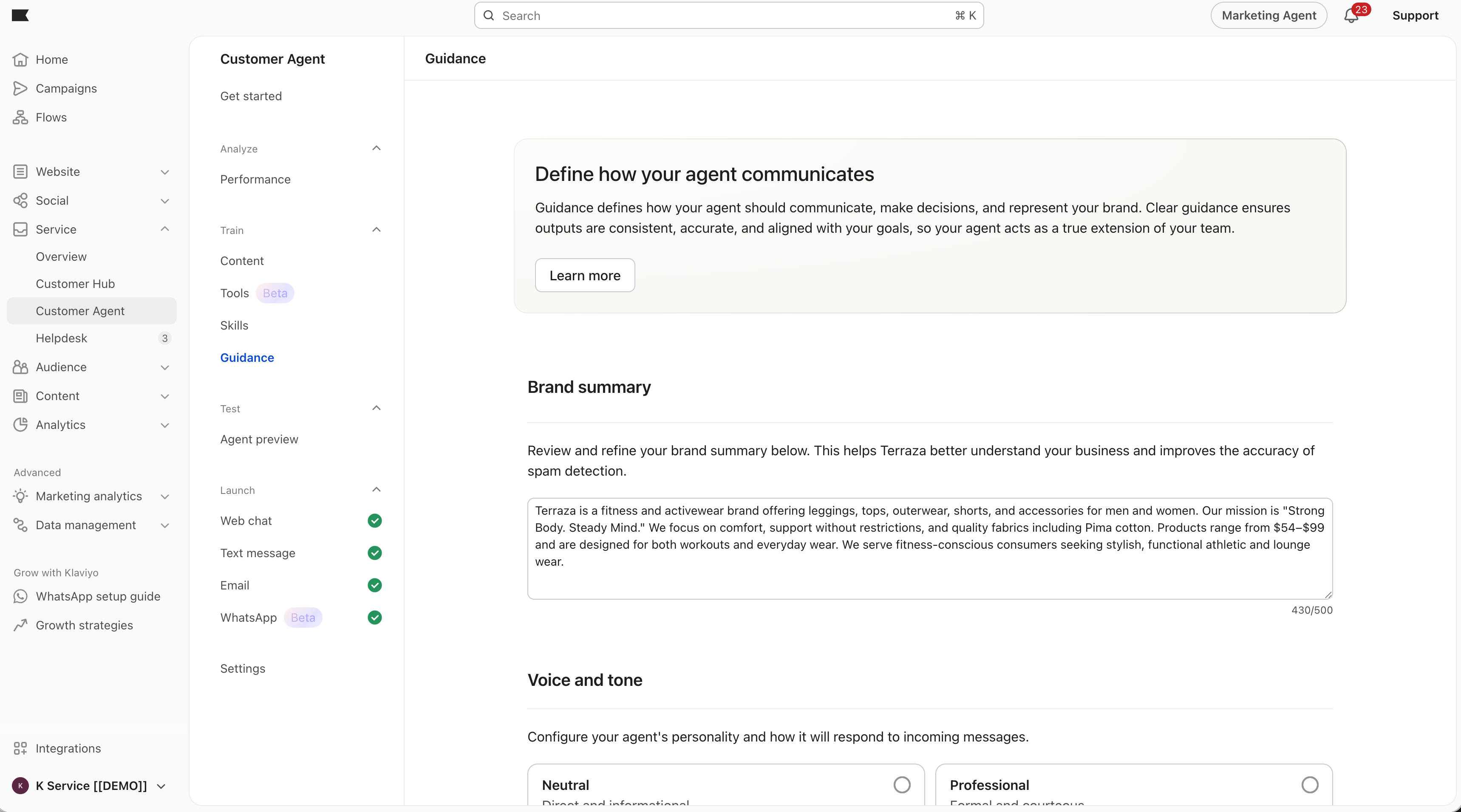 Screenshot: Service > Customer Agent > Guidance — Brand summary section